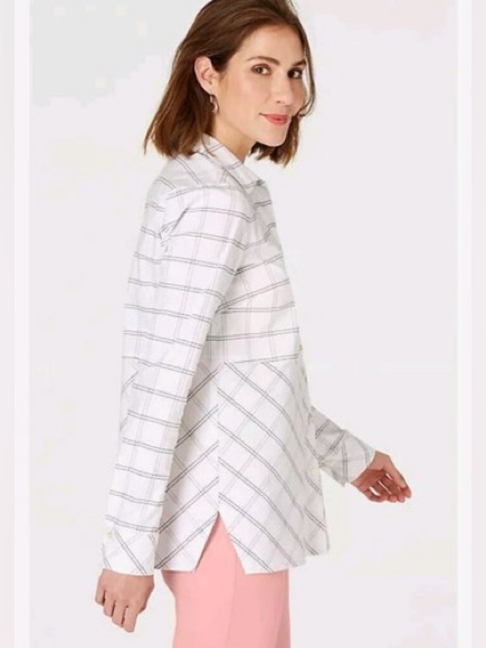 J. Jill Plaid Button Down Tunic Shirt Large L White Pink Bias Cut Peplum Blouse